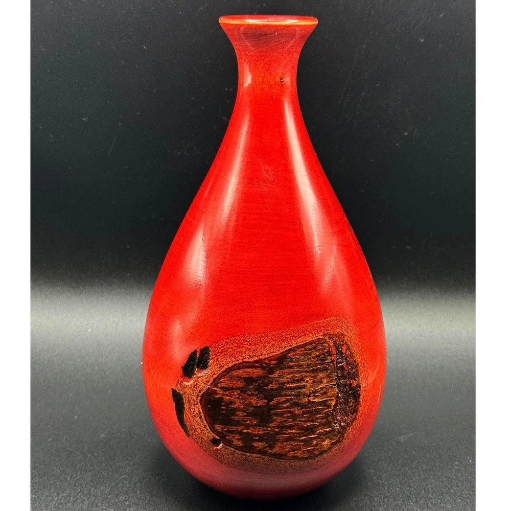Signed Hand Turned Birch Wood Bud Vase‎ Red Burnt Live Edge Nature Artisan MCM